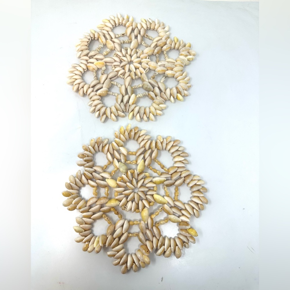 Cowrie Lot of 2 Conch Shell Trivets Vintage Handcrafted Woven Seashell Coaster